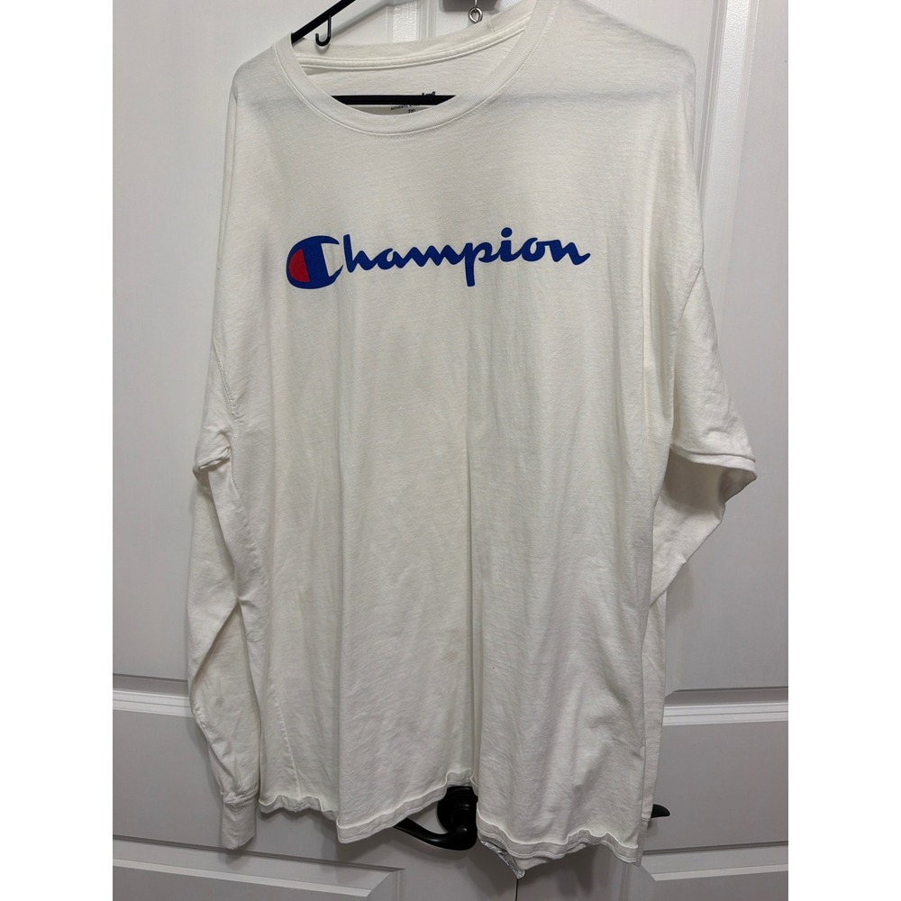 Champion Mens Long Sleeve Graphic T-Shirt White Script Logo 2XL Authentic